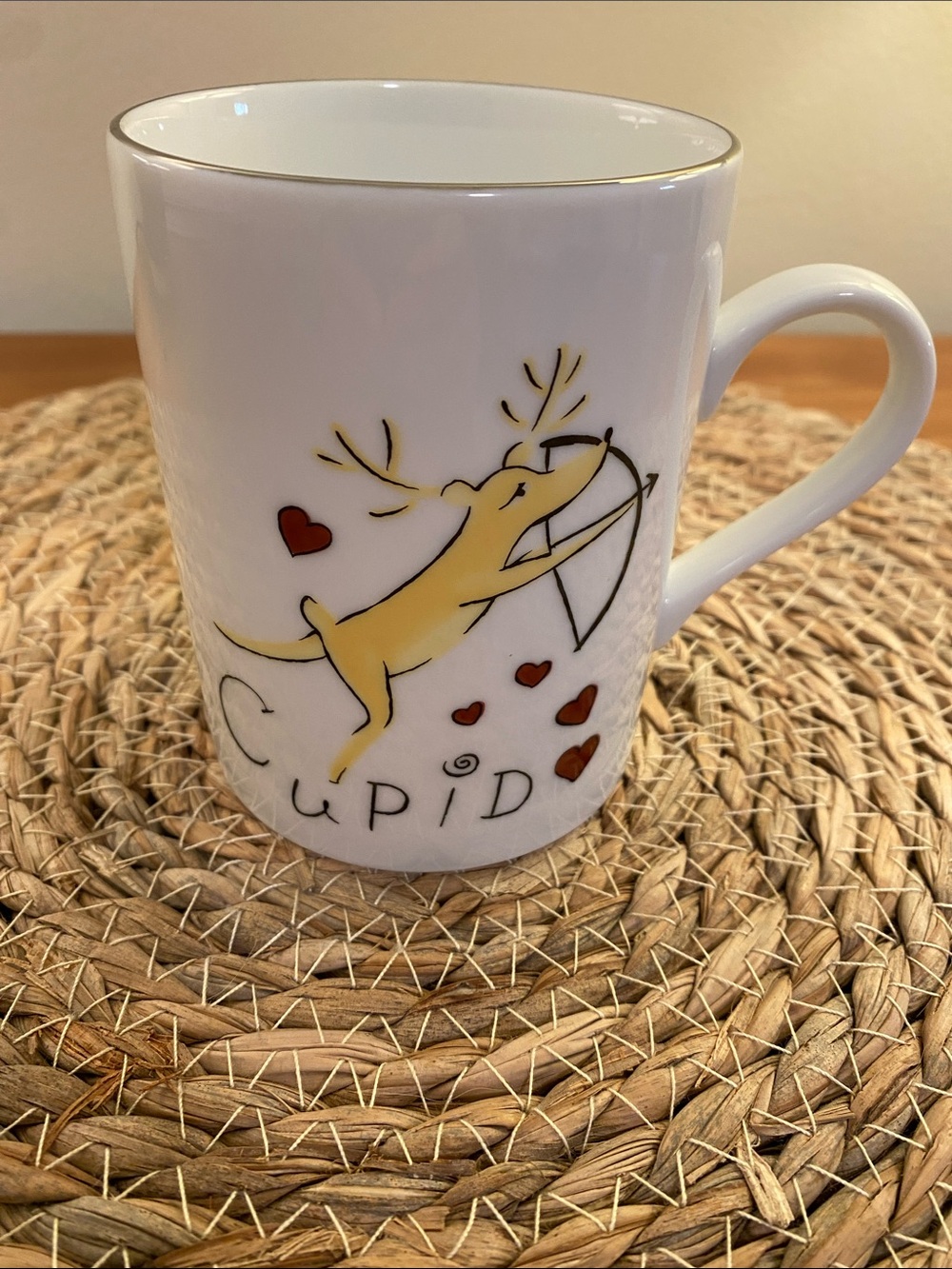Pottery Barn “Cupid” Reindeer Holiday Mug, Silver Lined Rim, New, Never Used